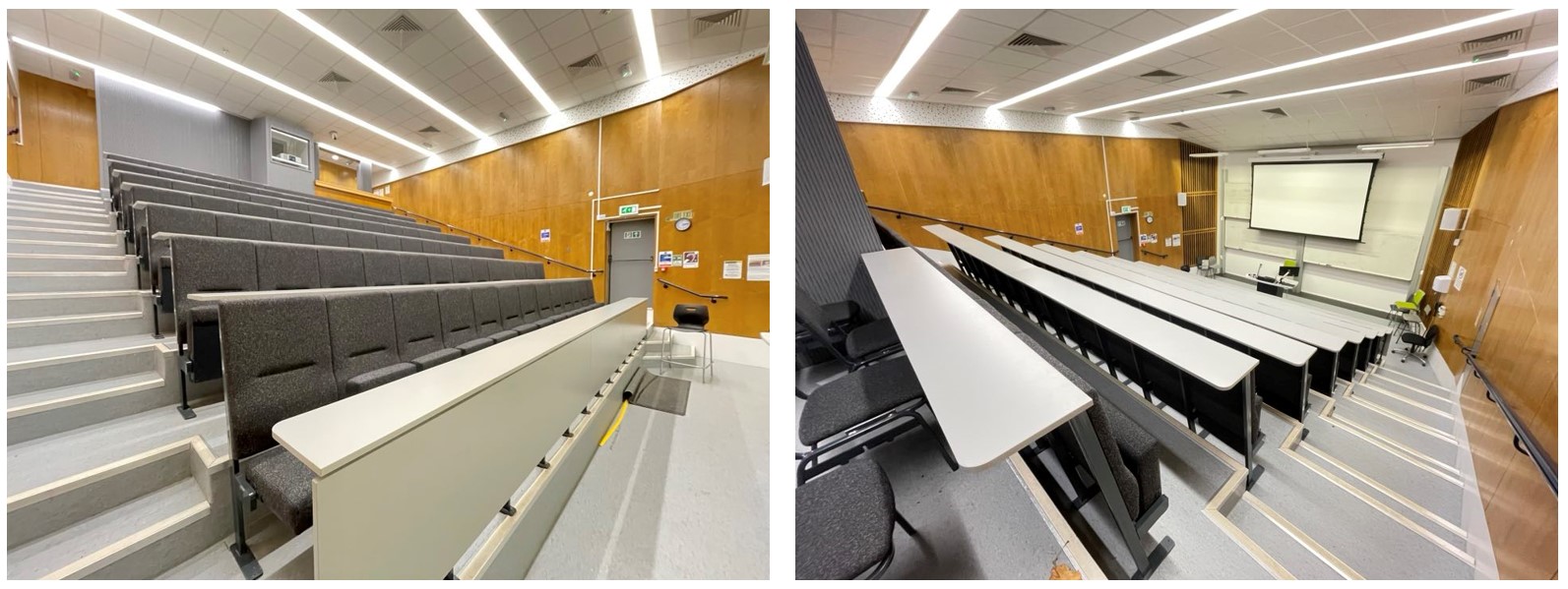 Tiered seats in rows facing the teaching wall.